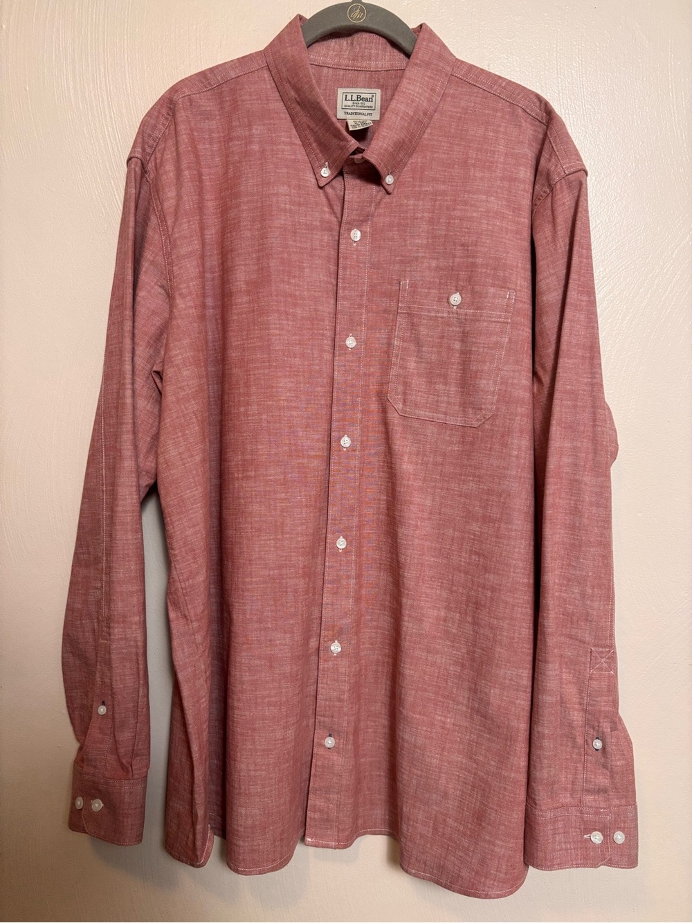 LL Bean Men's Shirt Traditional Fit Comfort Stretch Chambray Long Sleeve Red XLT